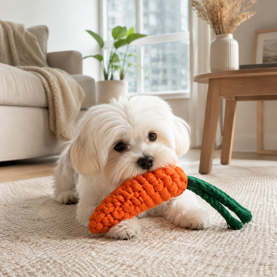 Jouet corde en forme de petite carotte pour chien